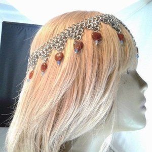 Handmade Chainmail Headpiece Carnelian Drop Z219